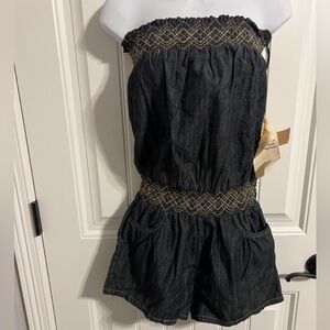 Blue Spice Boho Strapless Denim Romper w/Embroidery Detail. New! Size M